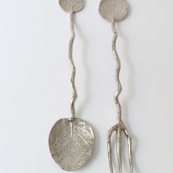 Michael Aram salad utensils set leaf double handled spoon fork rare signed art - Picture 3 of 13